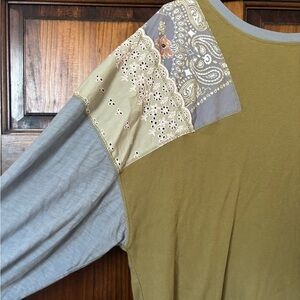We The Free Olive and Gray Patchwork Top